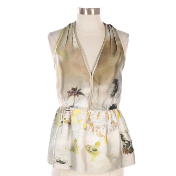 Prada Runway Spring 2010 Silk Holographic Beach Print Plunge Neck Peplum Top - Picture 1 of 6